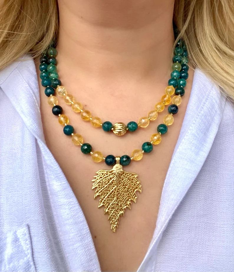 Statement Beaded Necklace,elegant Leaf Necklace, Agate and Citrine Necklace, Green Gems Necklace,... | Etsy (US)