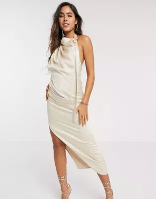 ASOS DESIGN halter drape detail midi dress with buckle in textured satin crepe | ASOS (Global)