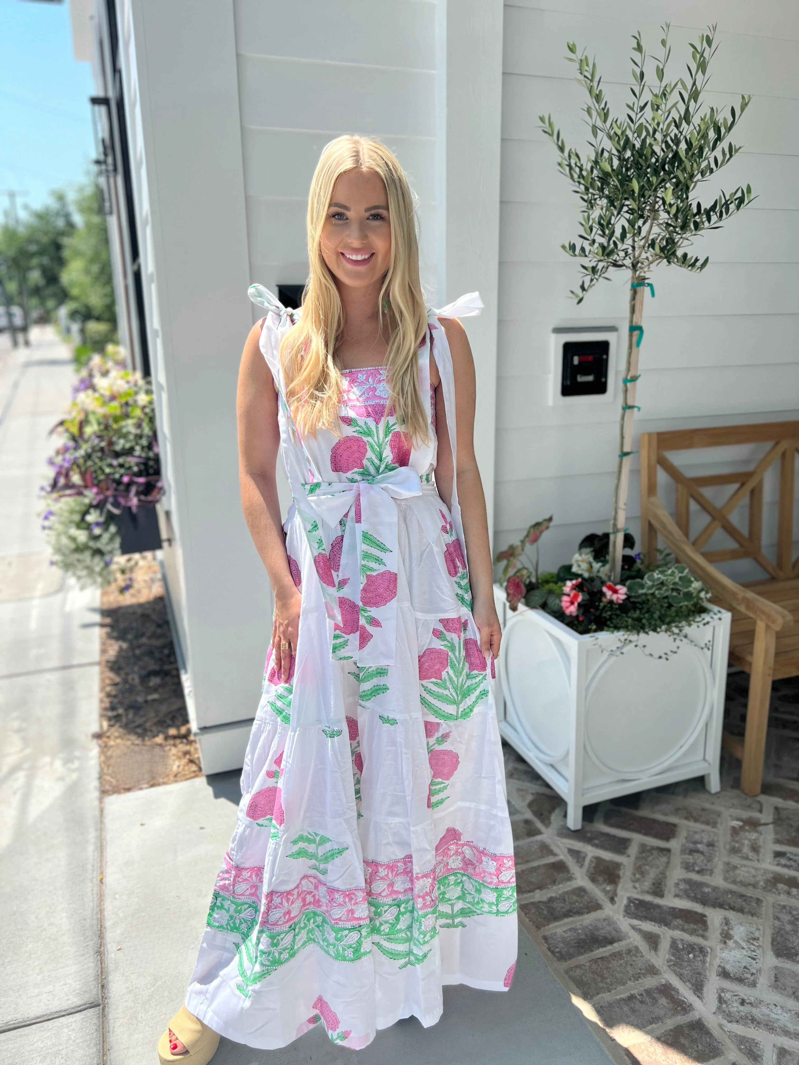 Trunk Show Pink and green block print Destin maxi | Mulberry & King