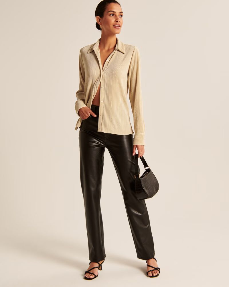 Women's Long-Sleeve Textured Satin Button-Up Shirt | Women's New Arrivals | Abercrombie.com | Abercrombie & Fitch (US)