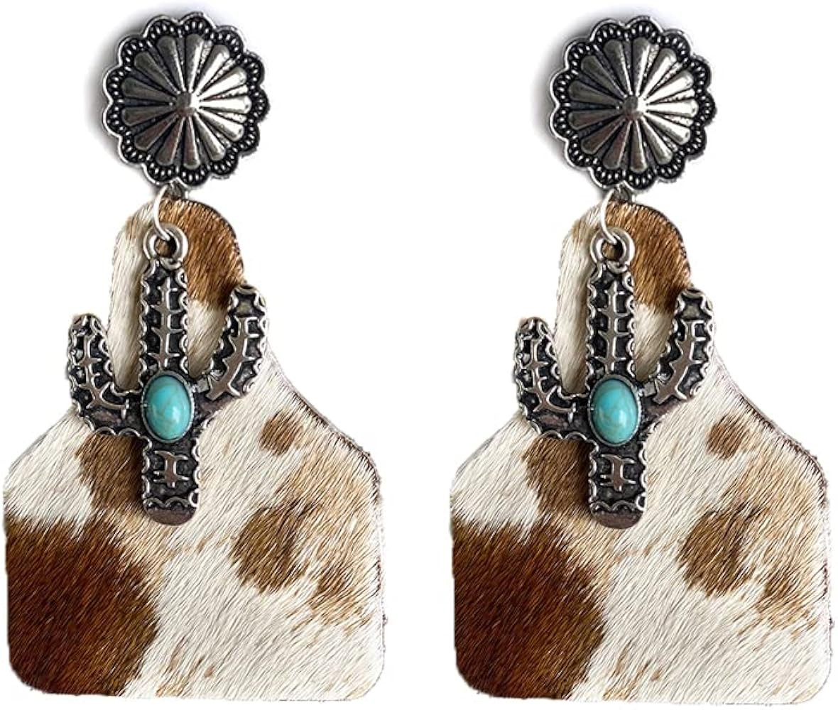 Fashion Western Cowgirl Cowboy Cactus Turquoise Leather Boho Retro Dangle Drop Earrings for Women... | Amazon (US)