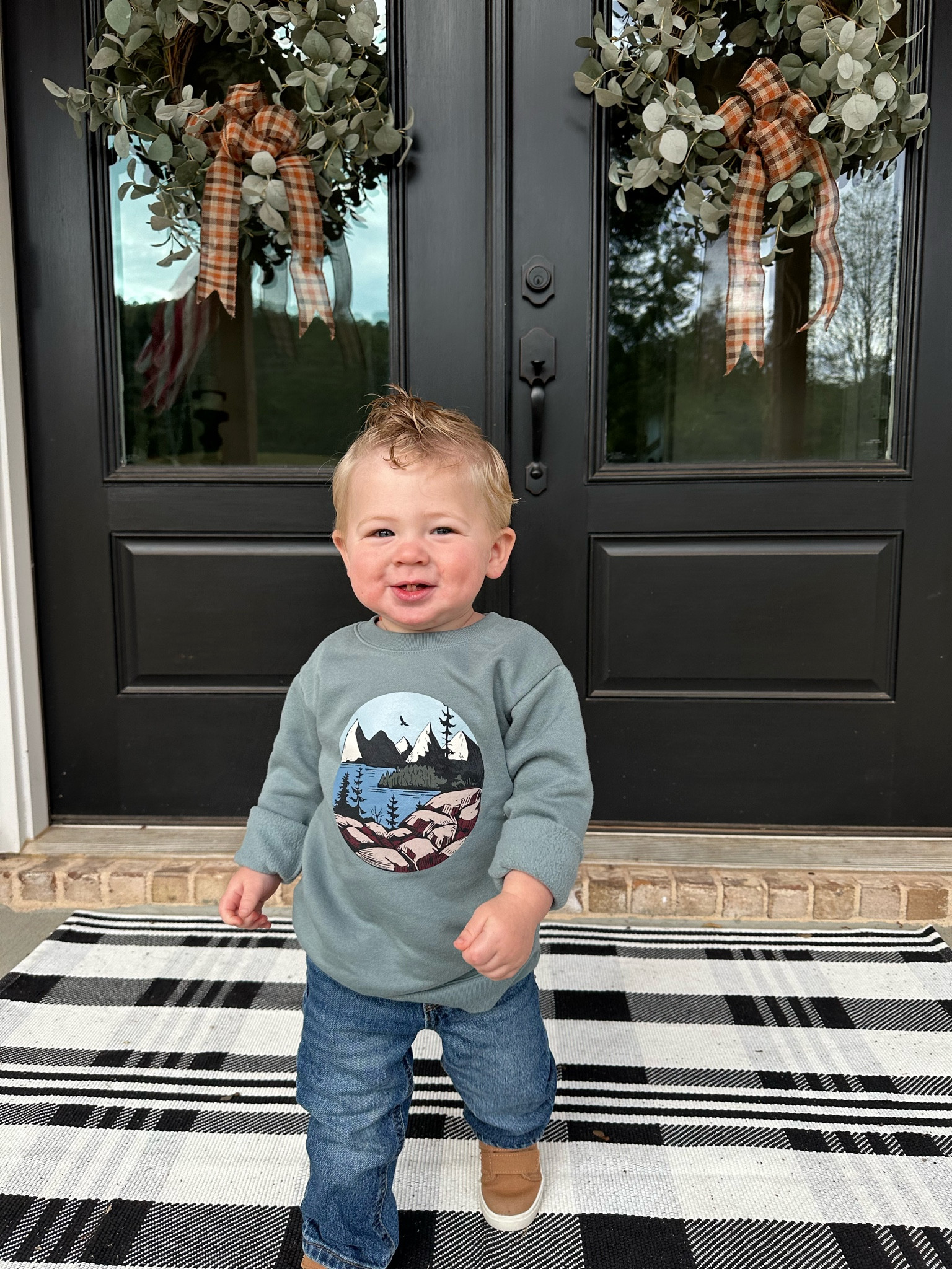 We have almost every version of this Walmart sweatshirts! Only $5.98!! 
Jeans are old navy. 

Toddler boy outfit, fall outfits for boys, old navy, Walmart. Affordable toddler clothes. 