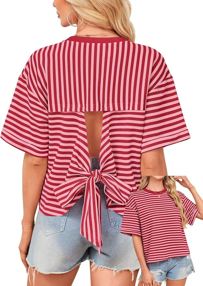 Falechay Womens Summer Tops Loose Fit Crewneck Short Sleeve Casual Striped T Shirts Bowknot Cutou... | Amazon (US)