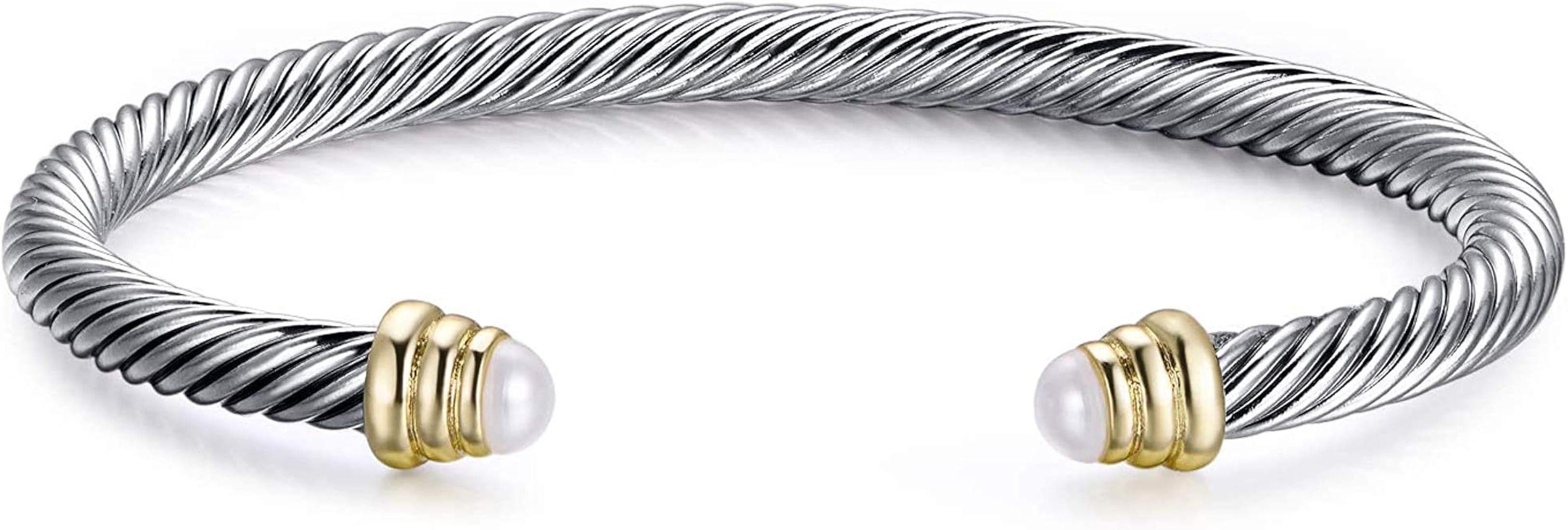 BQfife Twisted Rope Bangles Bracelet Exquisitely Made Stainless Steel Pearl Inlay | Amazon (US)