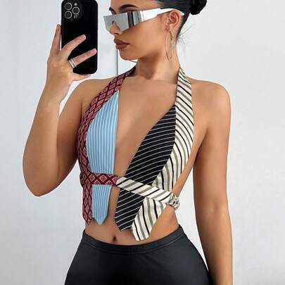 Printed Patchwork Halter Neck Crop Top With Backless Design | SHEIN