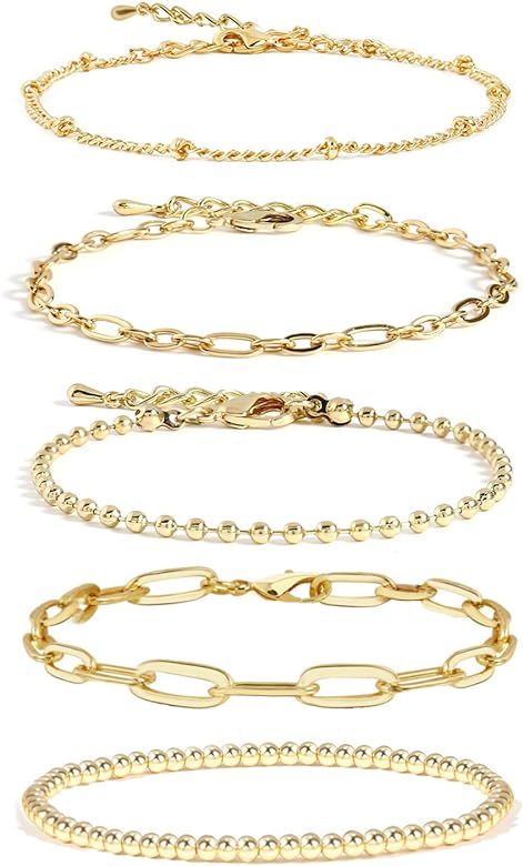 Gold Chain Bracelet Sets for Women Girls 14K Gold Plated Dainty Link Paperclip Bracelets Stake Ad... | Amazon (US)