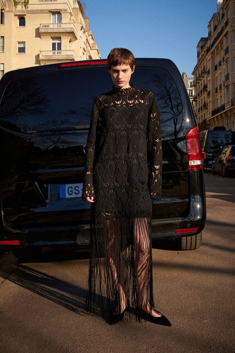 Crochet-look Fringe-trimmed Dress - Black - Ladies | H&M US | H&M (US + CA)