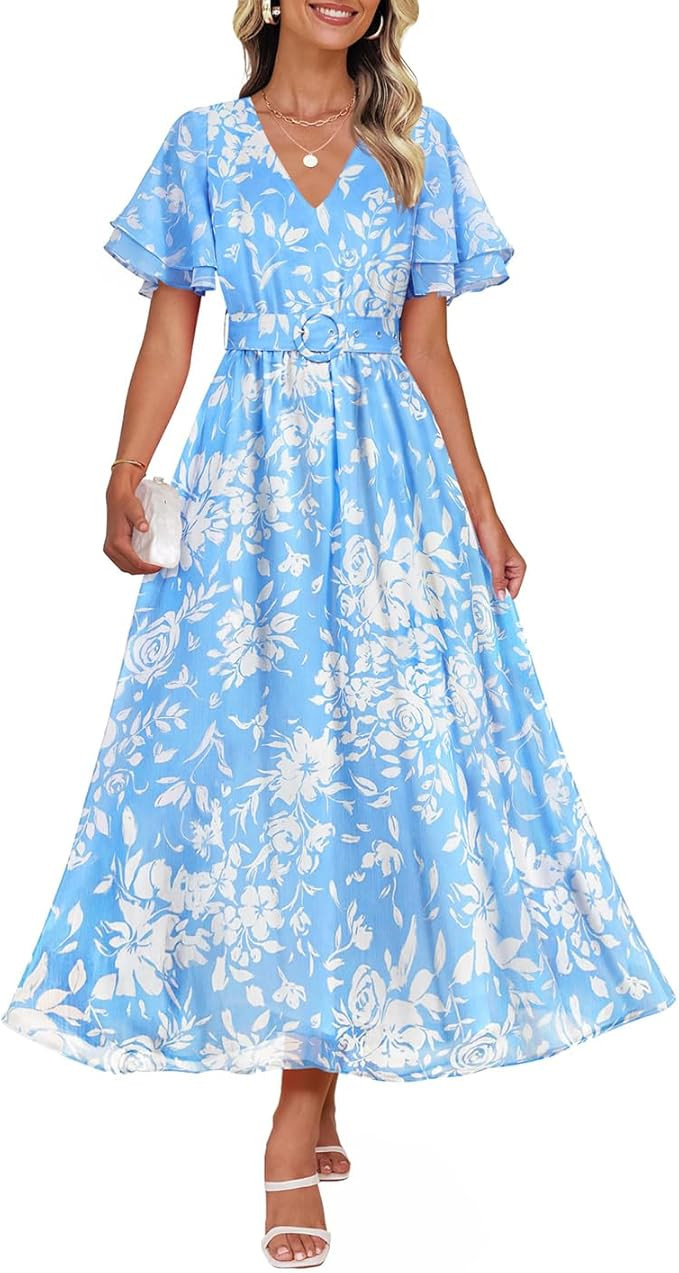 ZESICA Women's 2025 Summer Floral V Neck Midi Dress Boho Short Sleeve High Waist Flowy Beach Vaca... | Amazon (US)