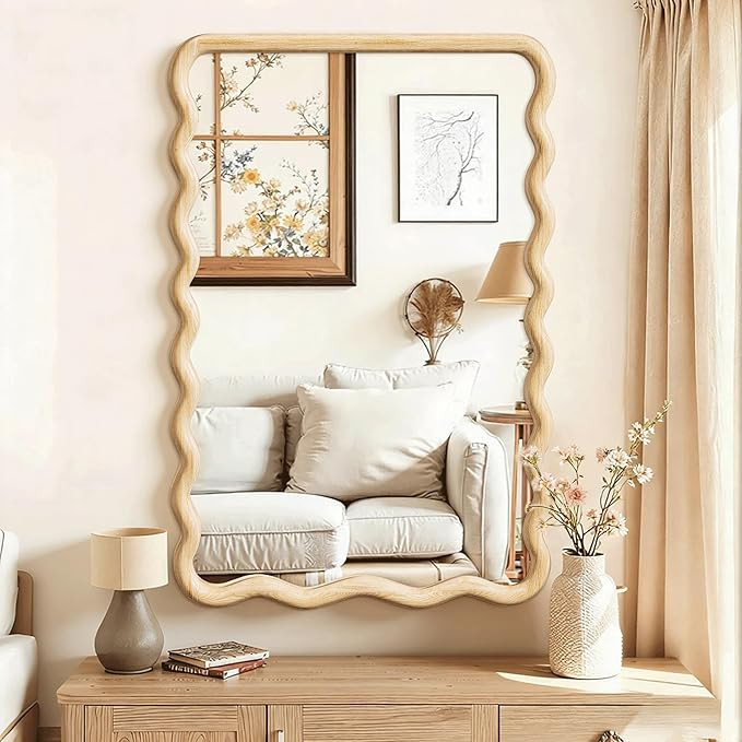 Wavy Mirror for Wall, 30"x20" Boho Bathroom Floor Vanity Mirror with Wooden Frame, for Bedroom, L... | Amazon (US)