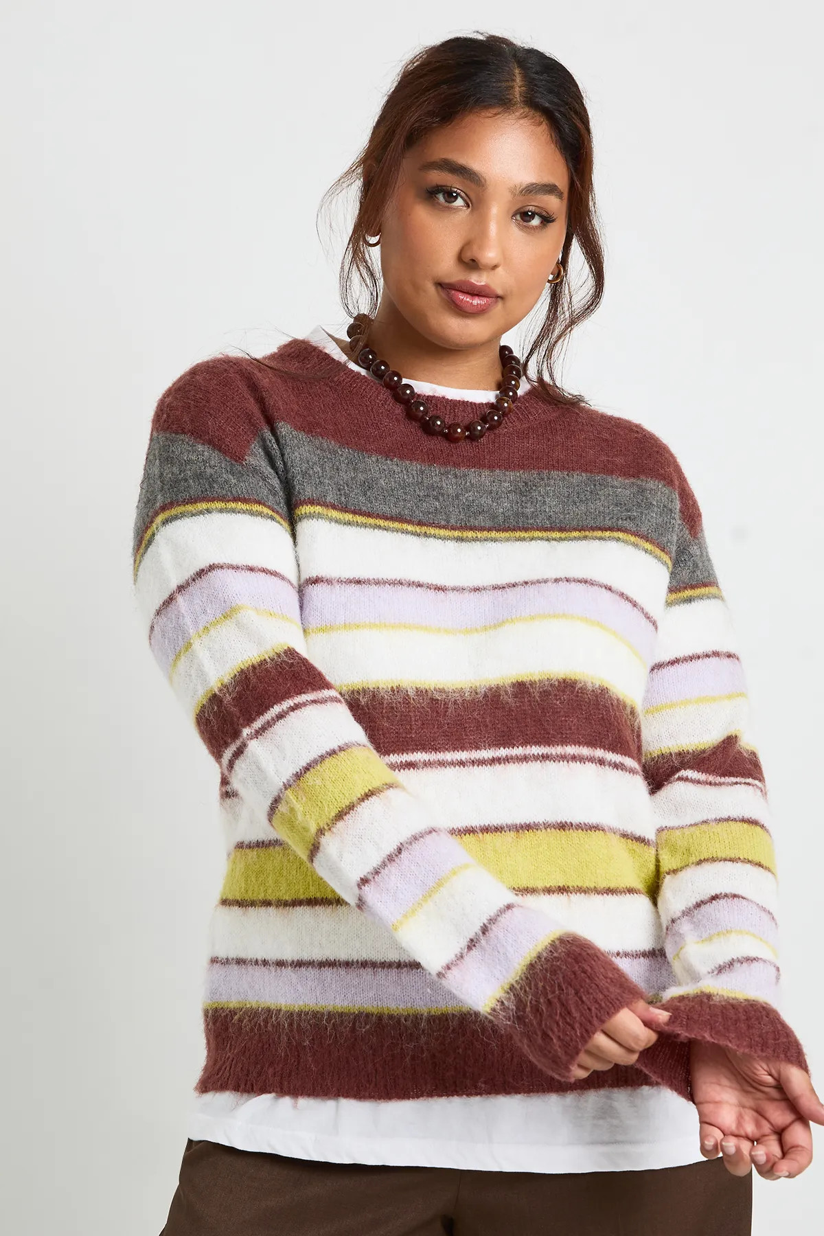 Plus Brushed Knit Multi Stripe Oversized Crew Neck Jumper | Boohoo.com (UK & IE)