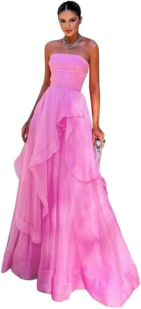 Strapless Prom Dresses Long Lace up Back Tulle Dress Women Formal A-Line Tube Ruffle DR0181 | Amazon (US)
