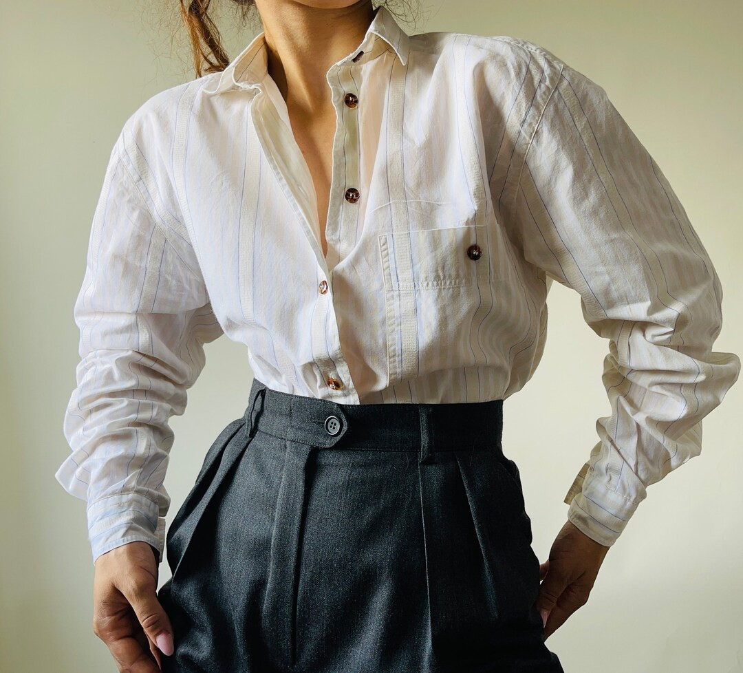 vintage cotton button down blouse, whose & beige striped essential blouse | Etsy (US)