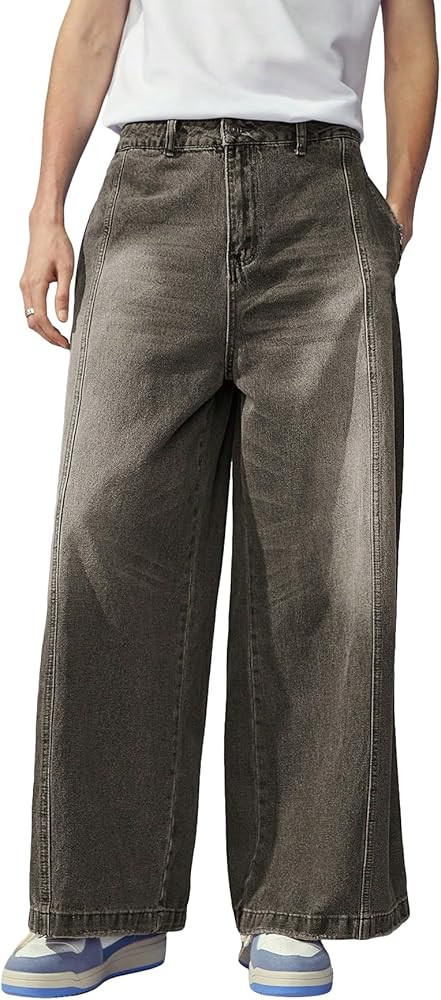 Verdusa Men's Zipper Fly Wide Leg Jeans High Waist Loose Denim Long Pants with Pocket | Amazon (US)