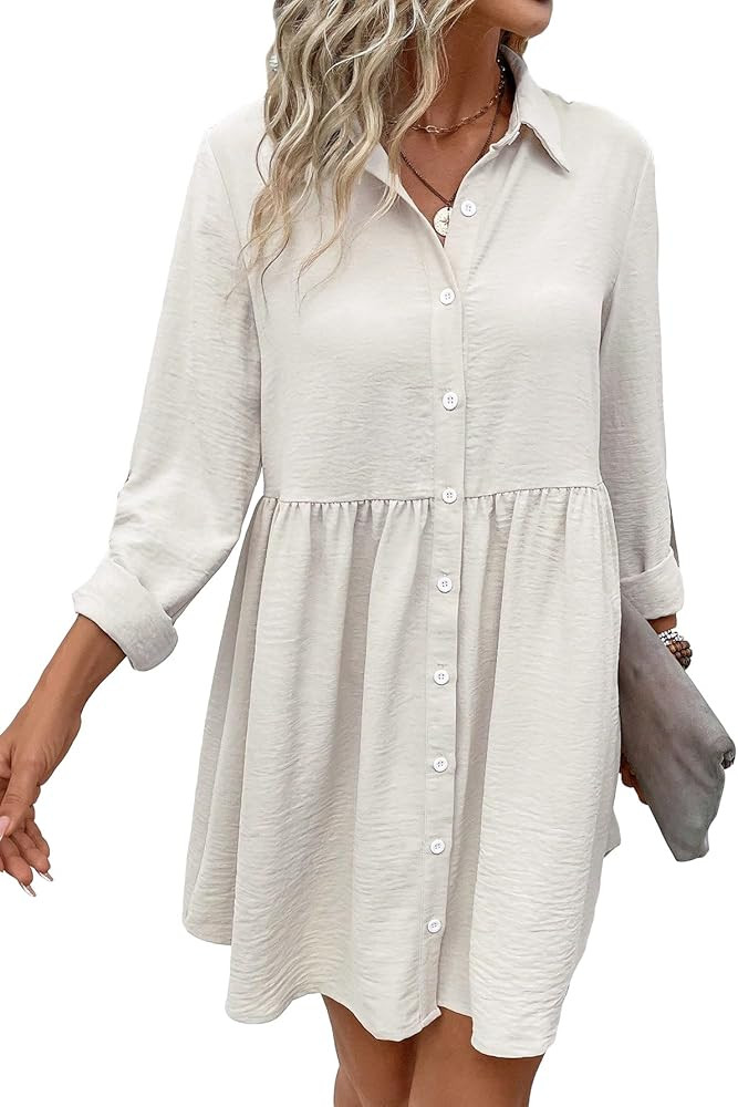 Verdusa Women's Long Sleeve Collar Shirt Dress Button Front Ruffle Hem Smock Dress | Amazon (US)