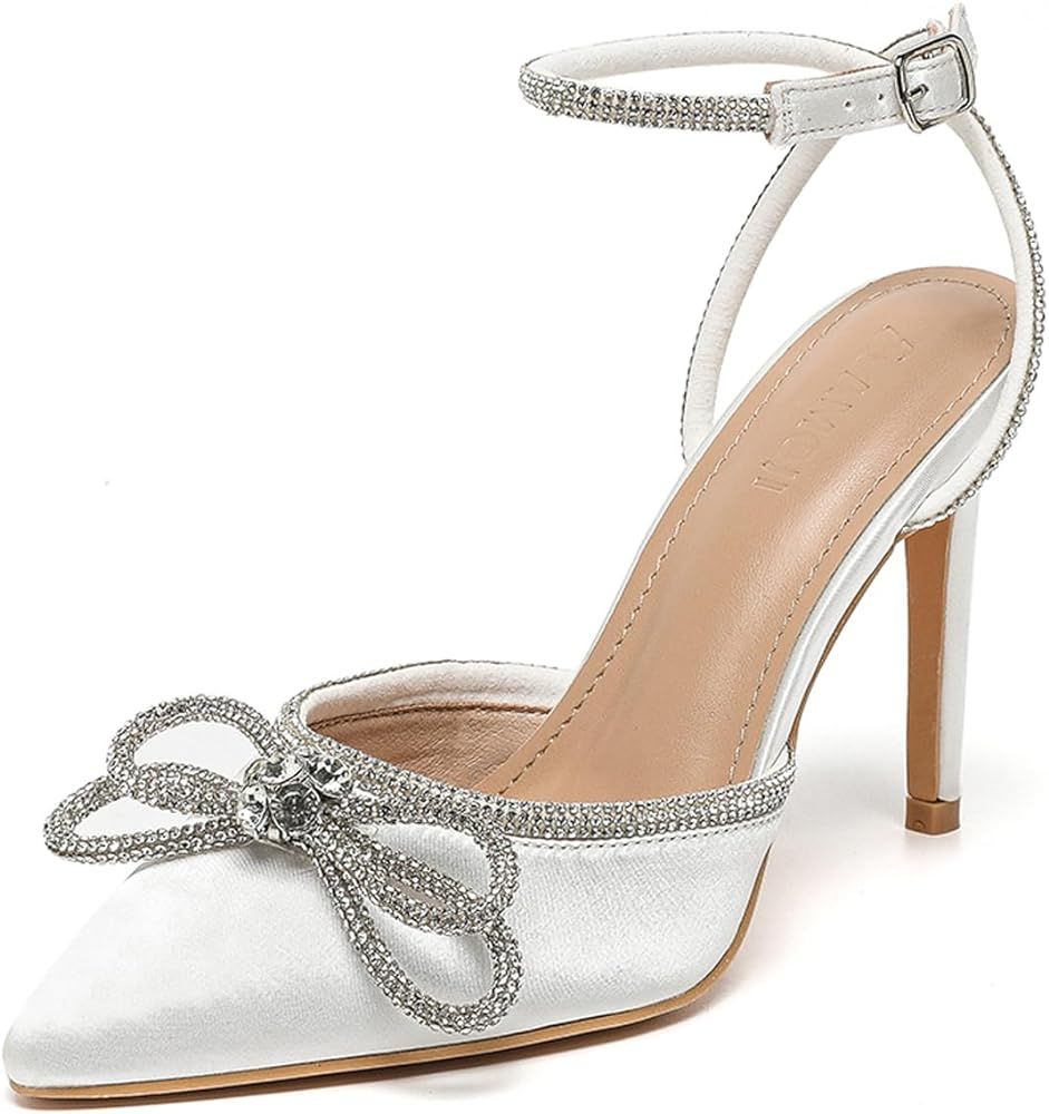Amoji Women's Stilettos Rhinestone High Heels 4'' Pumps Ankle Strappy for Wedding Party Dressing ... | Amazon (US)
