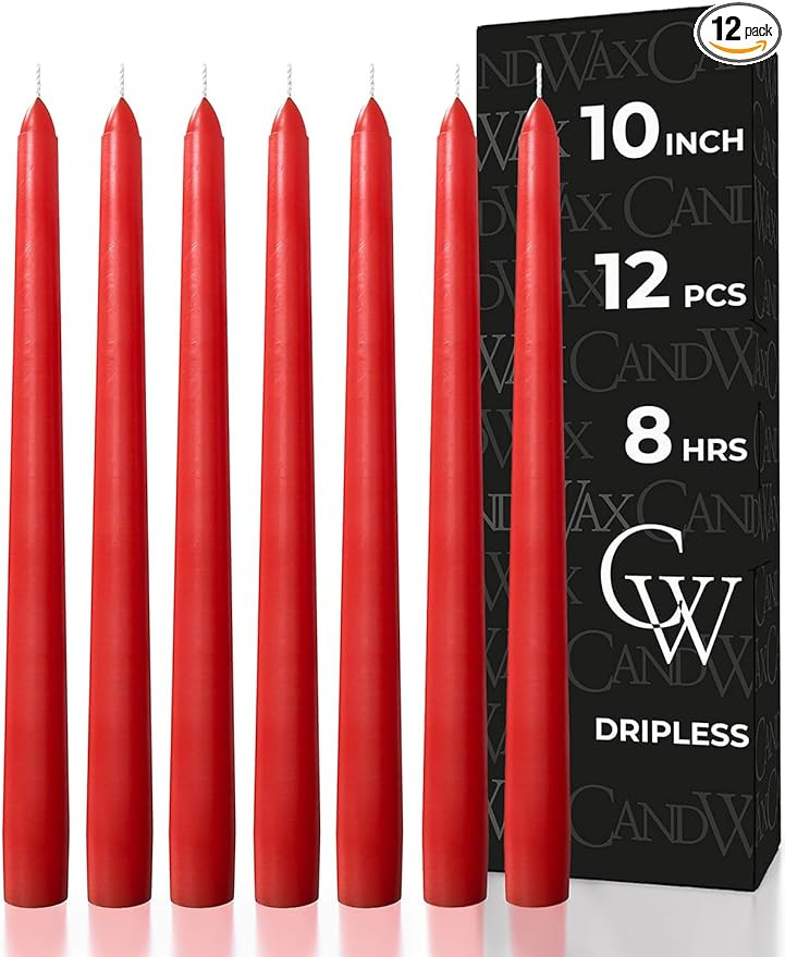 CANDWAX 10 inch Red Taper Candles Set of 12 - Dripless and Long Burning Red Candlesticks - Perfec... | Amazon (US)