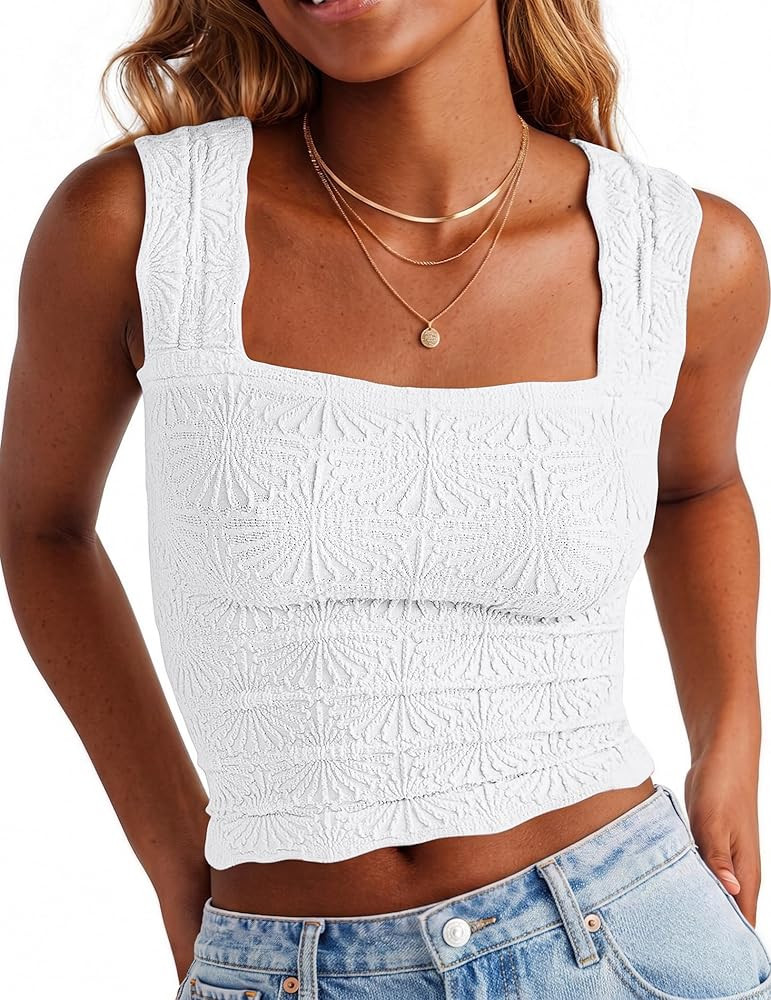 Crop Tank Tops for Women Square Neck Cropped Cami Top Summer Flower Wide Strap Tank Tops Basic Sl... | Amazon (US)