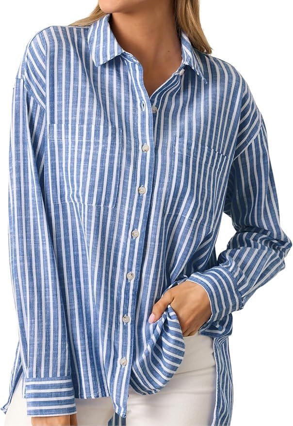Striped Button Down Shirts for Women Business Casual Collared Tops Loose fit Long Sleeve Office W... | Amazon (US)