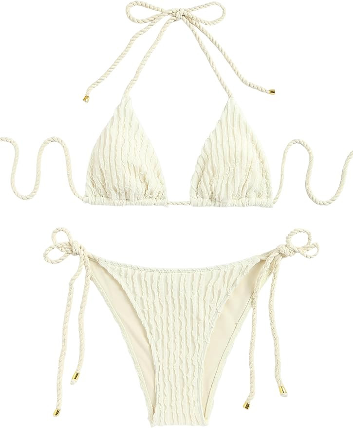 ZAFUL 2 Piece Triangle Bikini for Women Knitted Rope Halter Bikini Sets Sexy Bathing Suit Side Ti... | Amazon (US)