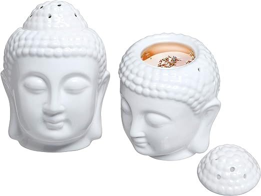 MyGift Translucent White Ceramic Buddha Head Tealight Candle Holder and Aromatherapy Oil Burner | Amazon (US)