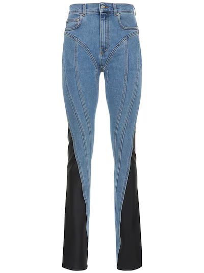 Mugler - Contrast denim & jersey skinny jeans - Med Blue/Black | Luisaviaroma | Luisaviaroma