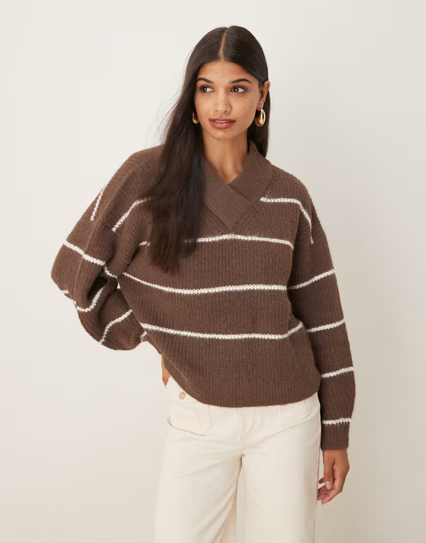 ASOS DESIGN v-neck sweater in chocolate stripes-Brown | ASOS (Global)