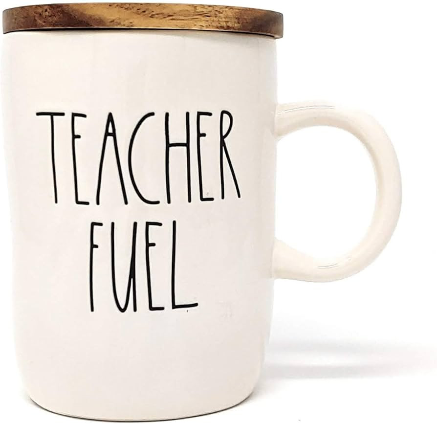 Rae Dunn by Magenta, TEACHER FUEL Coffee Mug, Ceramic, Wood Coaster, beige, black LL | Amazon (US)