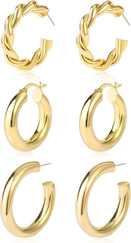 14k Gold Chunky Thick Hoop Earrings for Women Girls Small Cute Statement Hypoallergenic Tube Twis... | Amazon (US)