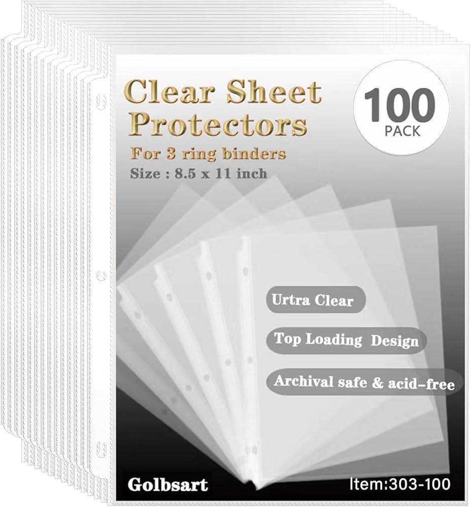 Sheet Protectors 8.5 x11 Inch, 100 Pack Page Protectors for 3 Ring Binder, Top Loading Plastic Sl... | Amazon (US)