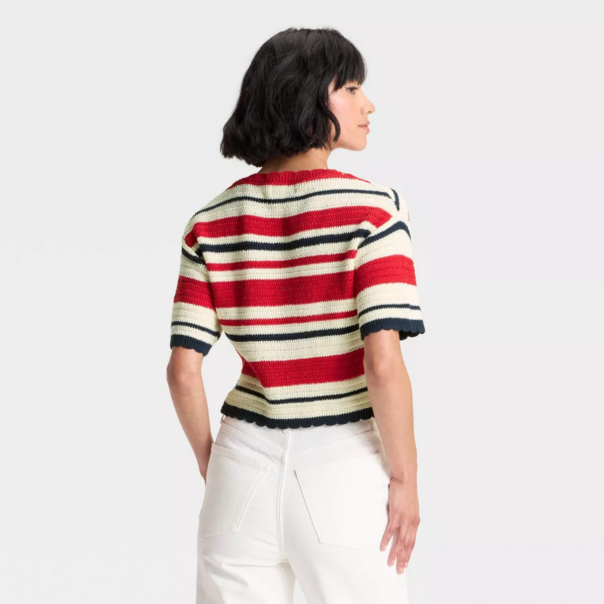 Women's Crewneck Knit Pullover Sweater - Universal Thread™ Red/Navy Striped S | Target