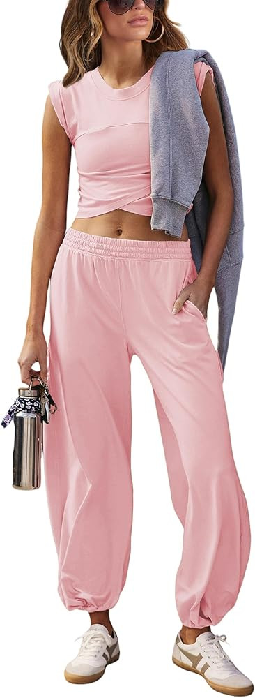 Springrain Womens Two Pieces Outfits Casual Lounge Sets Cropped Tops Sweatpants Tracksuit with Po... | Amazon (US)