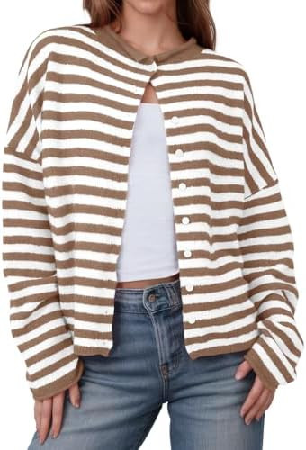 Saodimallsu Womens Striped Cardigan Casual Long Sleeve Open Front Button Down Loose Knit Lightwei... | Amazon (US)
