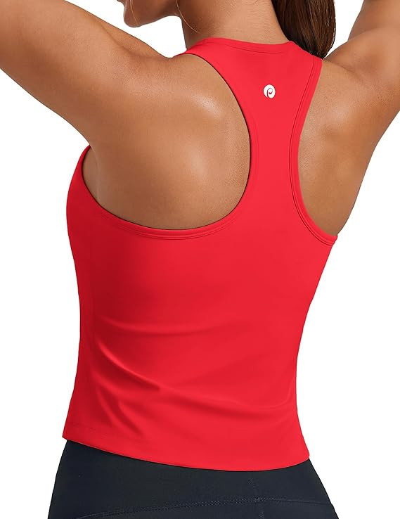 PINSPARK Workout Tops for Women Racerback Tank Top with Built in Bras Waist Length Yoga Tops Padd... | Amazon (US)