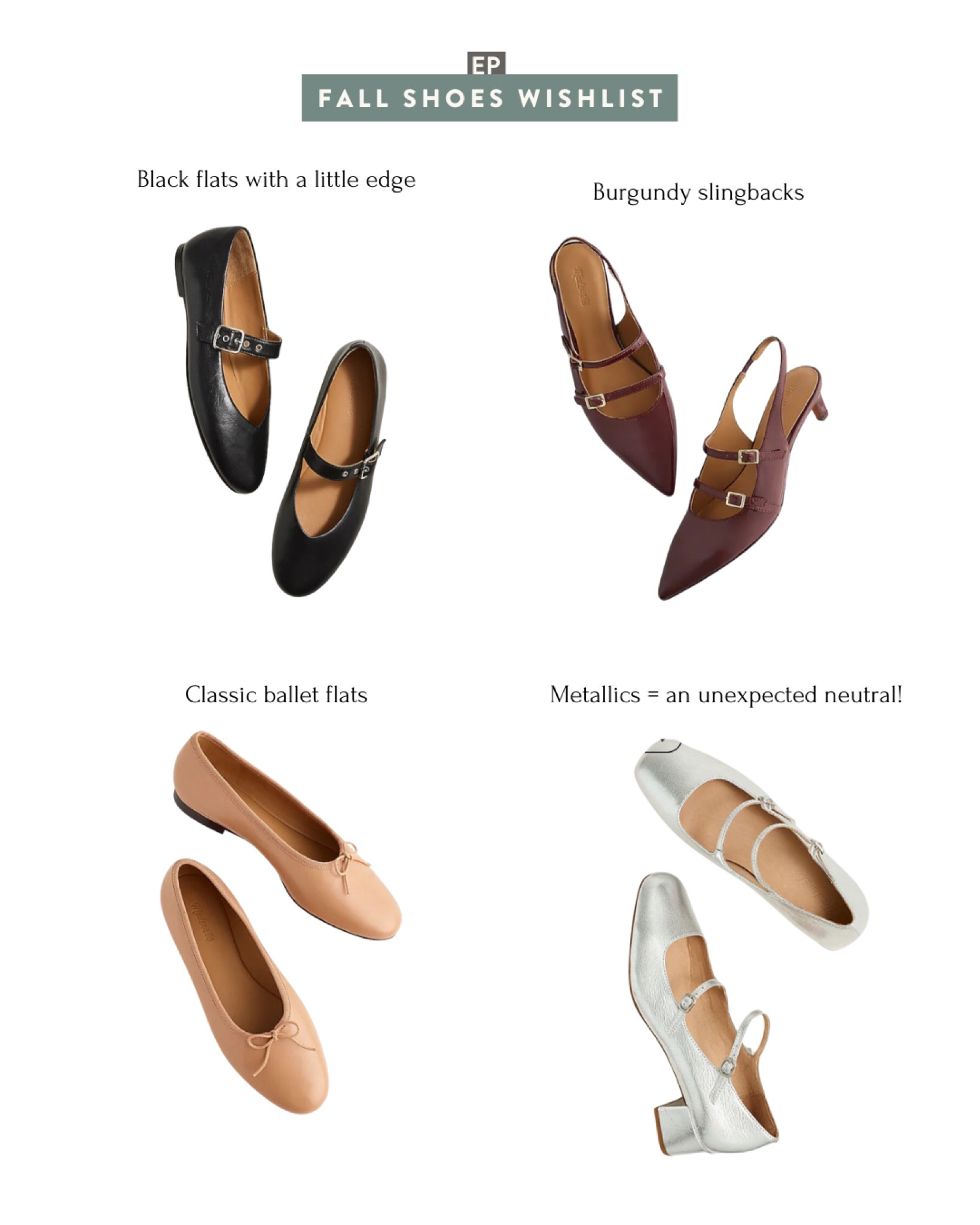 

Madewell fall shoe arrivals are so good! After trying the black flats in store and reading all the god reviews, I just ordered my size online. 

My old silver heels are one of my most versatile colored shoes and this is one lower heeled option in stock! 

Also been wanting a pair of burgundy slingbacks on my fall wishlist, and more classic ballet flats for everyday wear  

#LTKSeasonal #LTKshoecrush #LTKworkwear