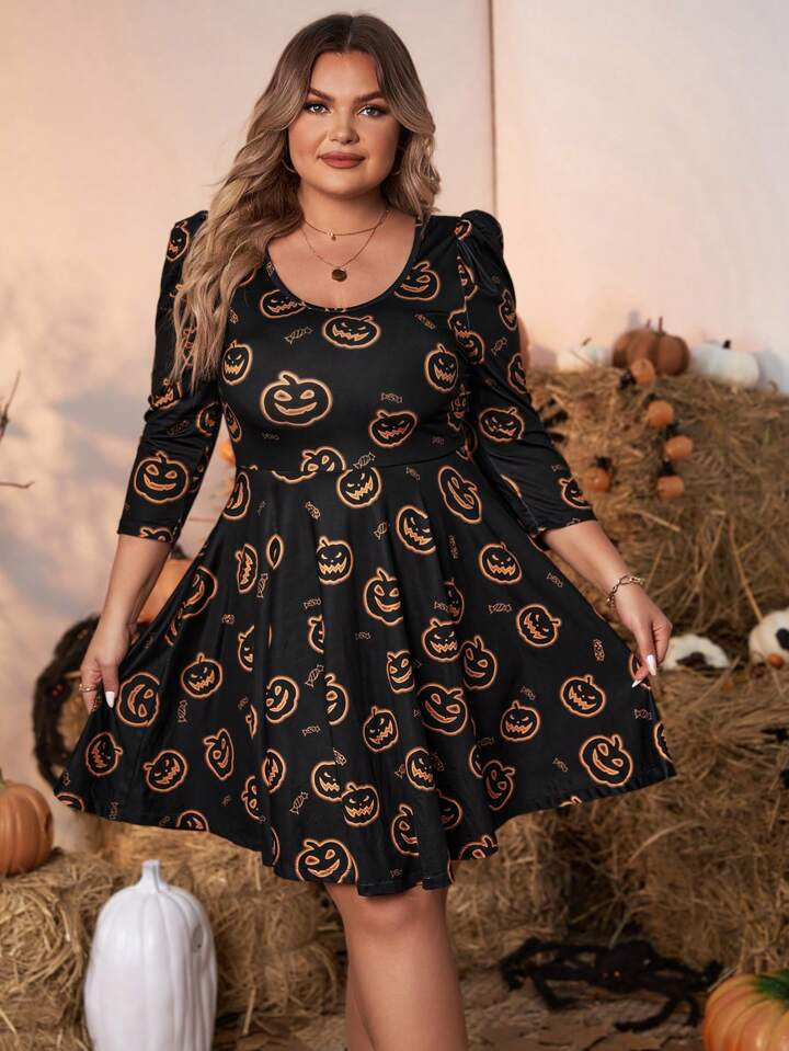 SHEIN LUNE Plus Halloween Pumpkin Print Puff Sleeve Dress | SHEIN