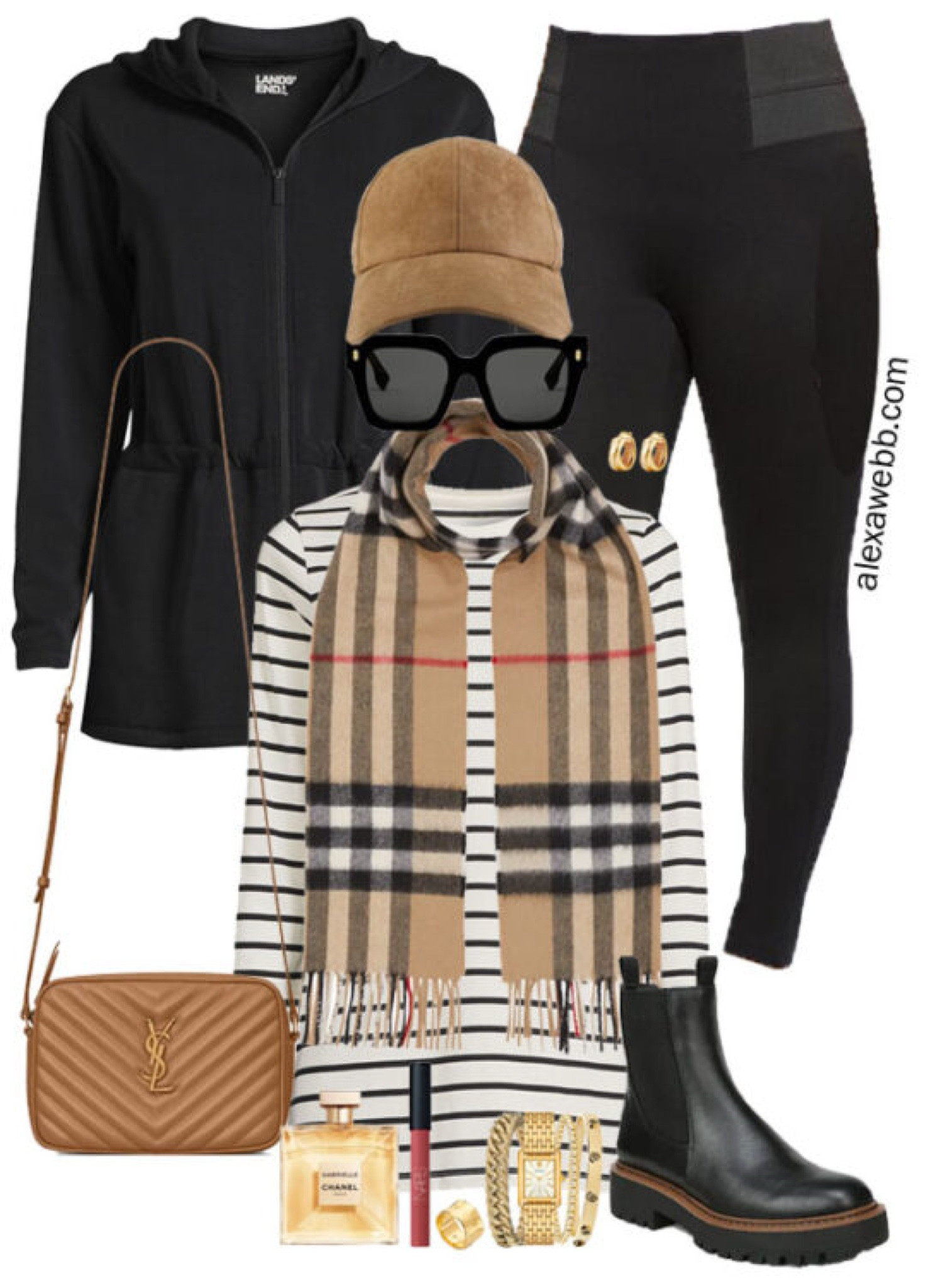 Plus Size Black Leggings Outfits - A plus size casual outfit for fall and winter with my favorite ponte knit leggings, a striped tunic tee, Burberry check scarf, suede baseball cap, YSL crossbody bag, and black ankle booties. Alexa Webb

#LTKStyleTip #LTKPlusSize #LTKSeasonal
