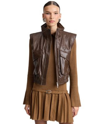 Avec Les Filles Women's Cropped Sleeveless Mock Neck Puffer Vest - Java | Macy's
