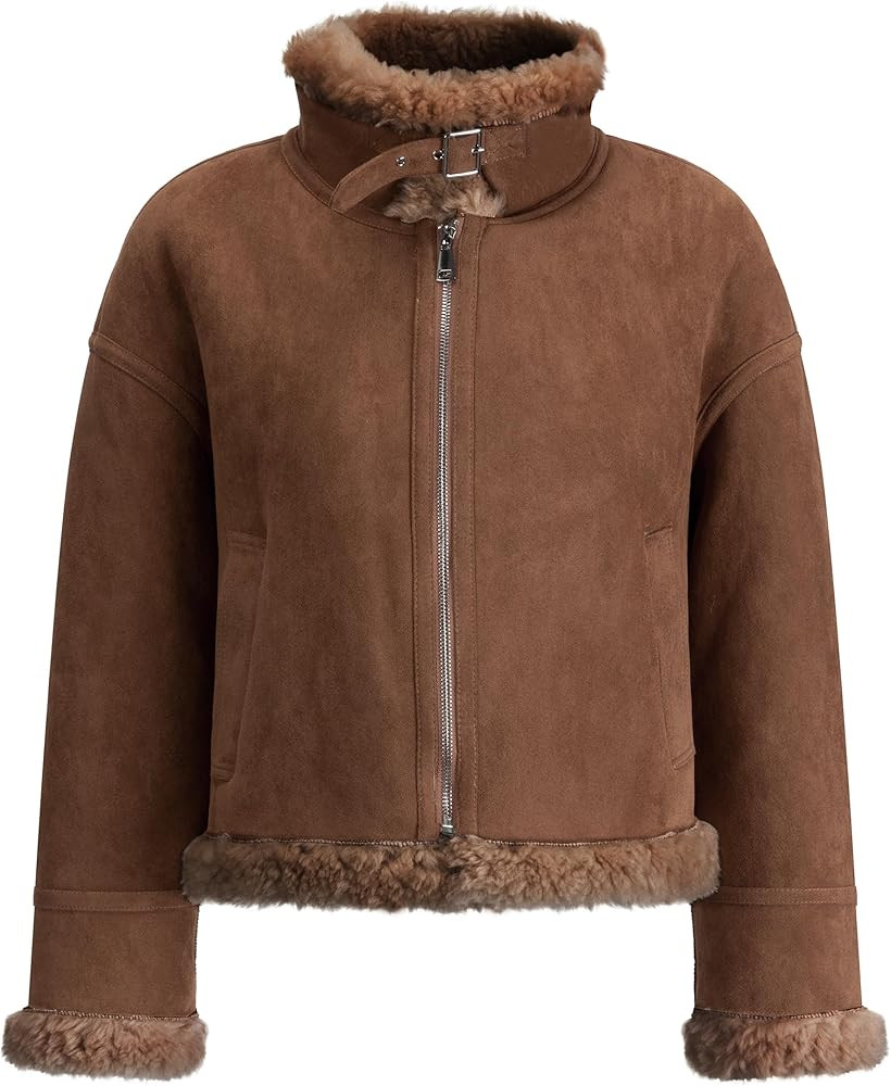 FLAVOR Womens Wool Shearling Bomber Faux Leather Jacket Warm Winter Coat Brown | Amazon (US)