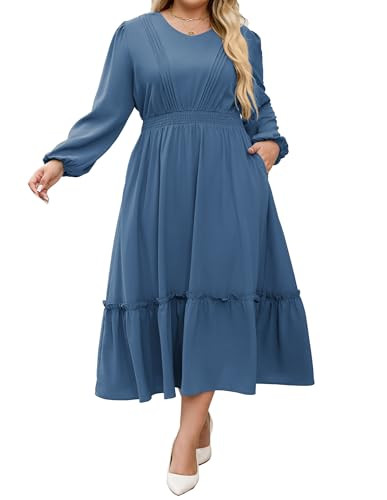 Hanna Nikole Plus Size Casual Long A Line Dresses for Women 2025 Maternity Casual Midi Dress for Engagement Gray Blue 22 Plus | Amazon (US)