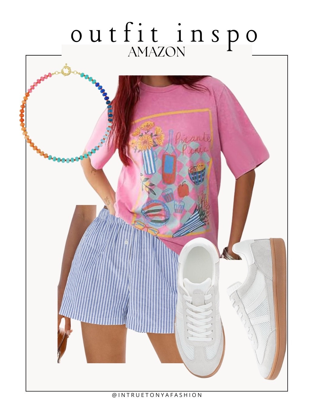 Summer graphic tee with striped boxer shorts, white sneakers, and beaded necklace 






Amazon outfits every outfit inspo, outfit ideas, casual outfits amazon, amazon outfits every day, spring outfits 2026, summer outfits

#LTKootd #LTKSaleAlert #LTKPetite