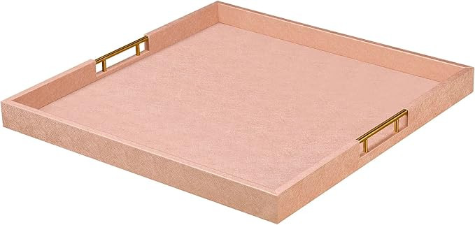 24x24 Inches Extra Large Champagne Faux Leather Wrapped Wood Ottoman Tray with Golden Handles for... | Amazon (US)