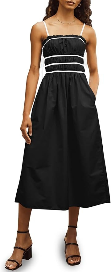 Wenrine Womens Summer Spaghetti Strap Midi Dress Sleeveless Tie Strap Contrast Color Casual Smock... | Amazon (US)