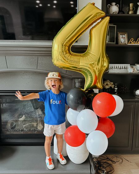 FOUR toddler birthday T-shirt / boys 4th birthday / gold “4” balloon” / toddler golden goose sneakers / linked similar hat (B’s is from a local shop, Little Josie’s)

#LTKStyleTip #LTKFindsUnder50 #LTKKids