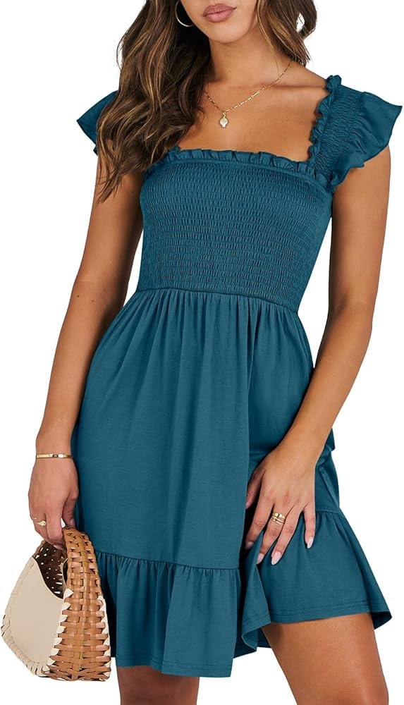 ANRABESS Women's Summer Casual Sleeveless Square Neck Dress 2025 Smocked Ruffle Backless Boho Bea... | Amazon (US)