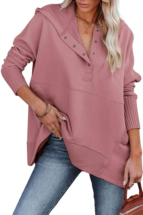 AlvaQ Women Casual Button V Neck Hoodies Oversized Pullover Sweatshirt Hooded Tops with Pockets | Amazon (US)
