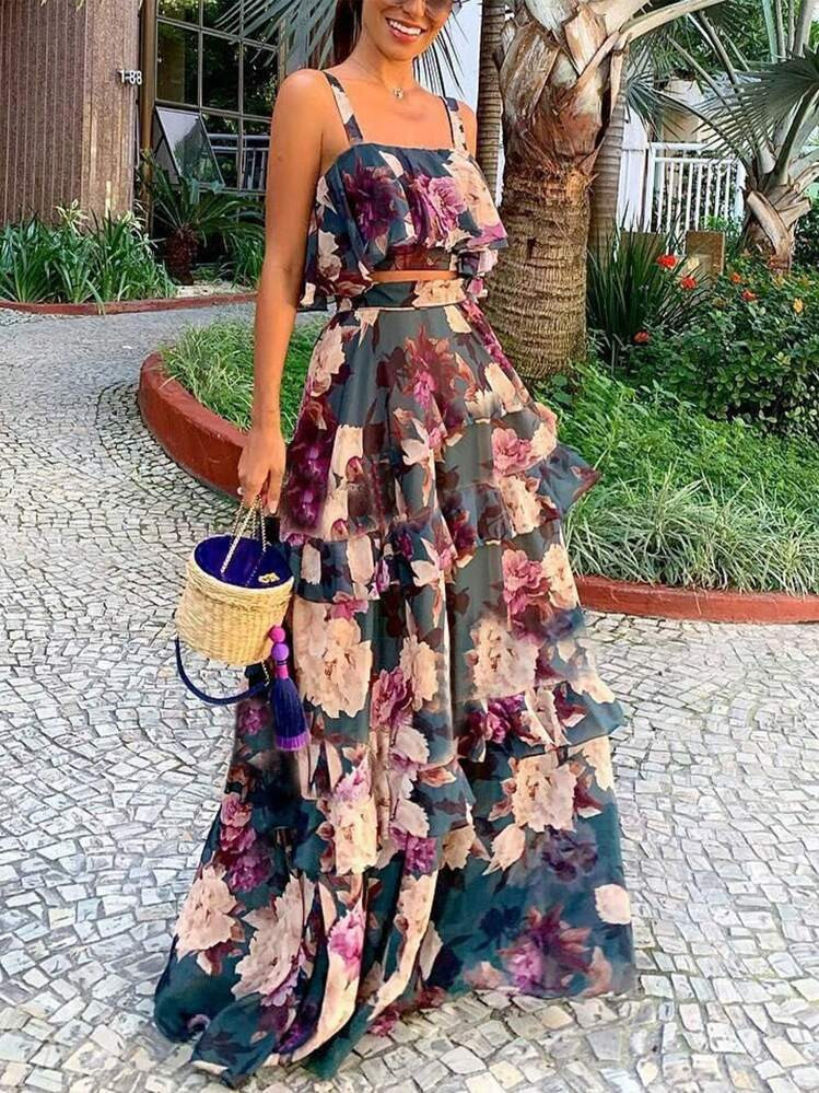 2pcs Women Summer Beach Vacation Style Print Flounced Strap Tank Top & Maxi Long Dress Boho Casual Suit, Beach Dress | SHEIN