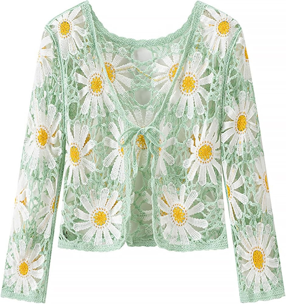Women's Floral Crochet Cardigan Hollow Out Tie Front Long Sleeve Summer Lightweight Cardigan Top | Amazon (US)