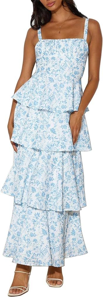Tiered Ruffle Dress Women Casual Summer Spaghetti Strap Sleeveless Floral Layered Maxi Dress for ... | Amazon (US)