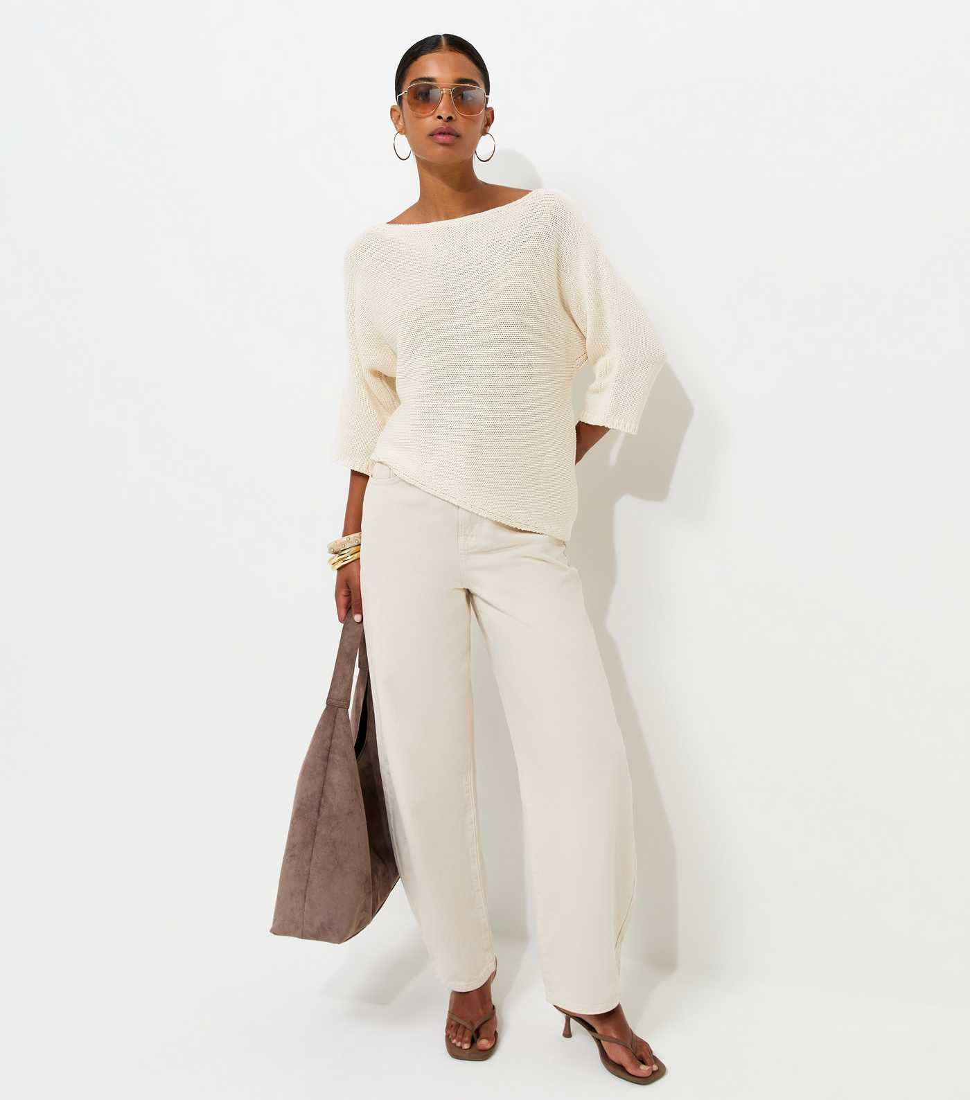 Off White Open Knit Asymmetric Hem Slash Neck Top | New Look | New Look (UK)