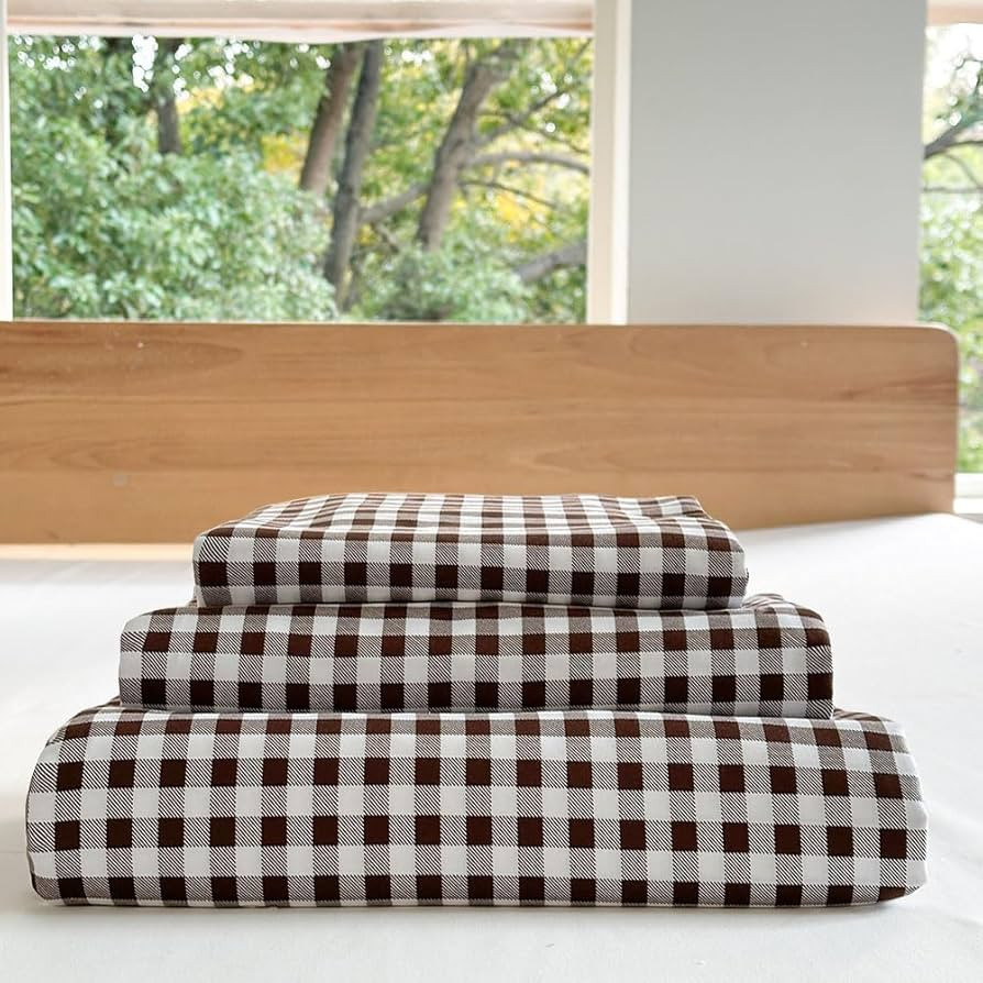 NSNLGSGC Mocha Gingham Queen Sheet Set, Coffee Soft Brushed Microfiber Plaid Queen Bed Sheets, 4-... | Amazon (US)